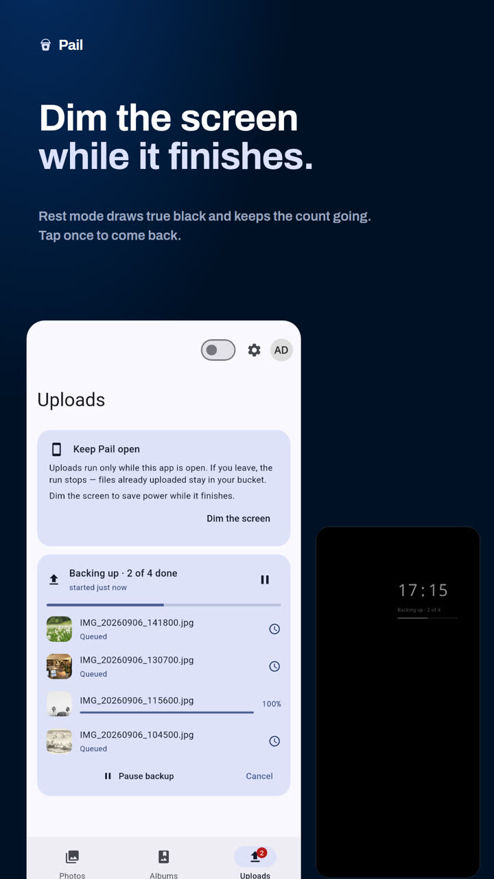 Rest mode: the blacked-out screen with a live upload count