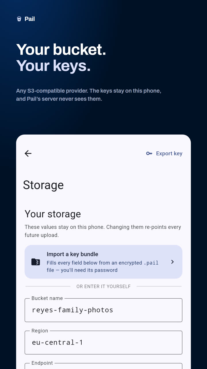 The bucket connection form: endpoint, region, bucket, prefix and keys