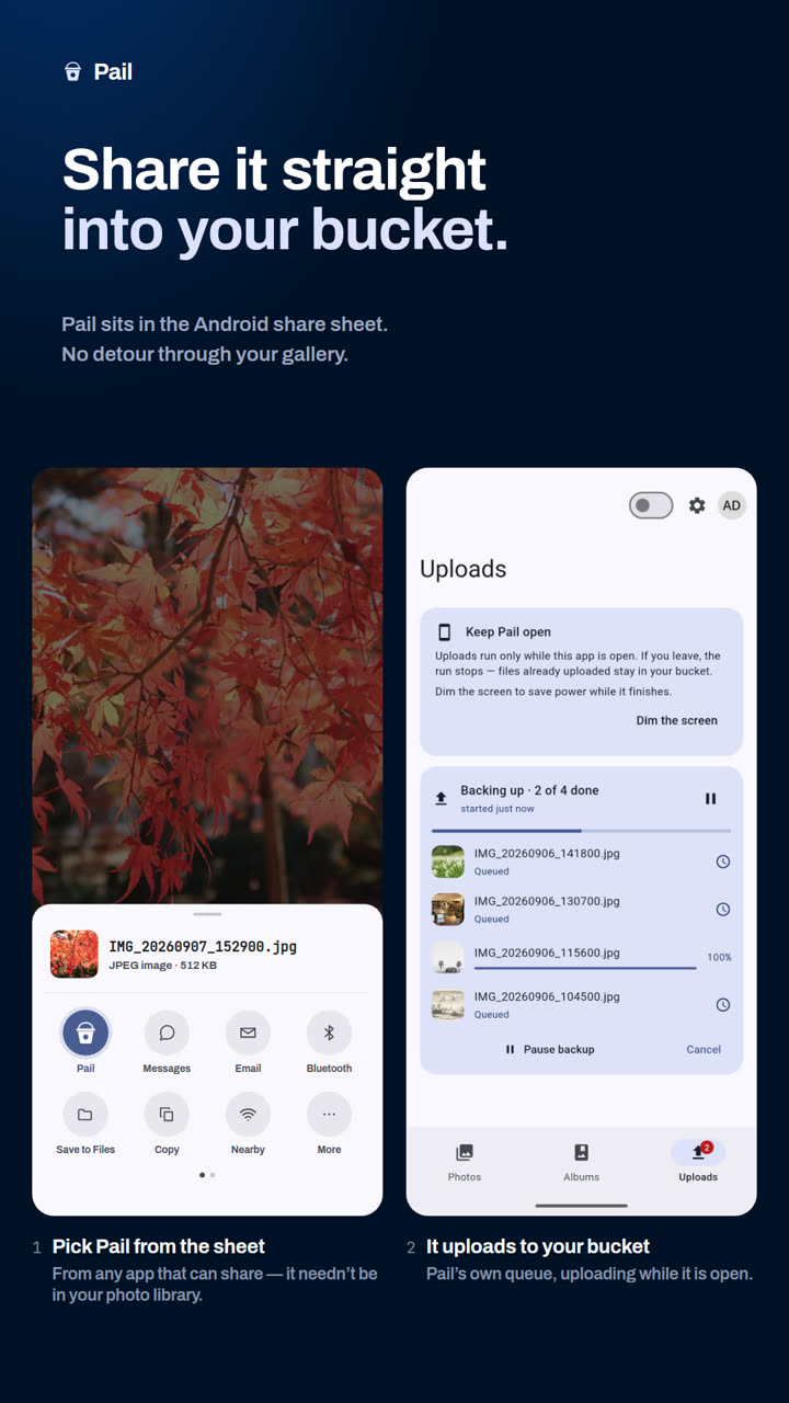 Pail in the Android share sheet, beside the real uploads screen